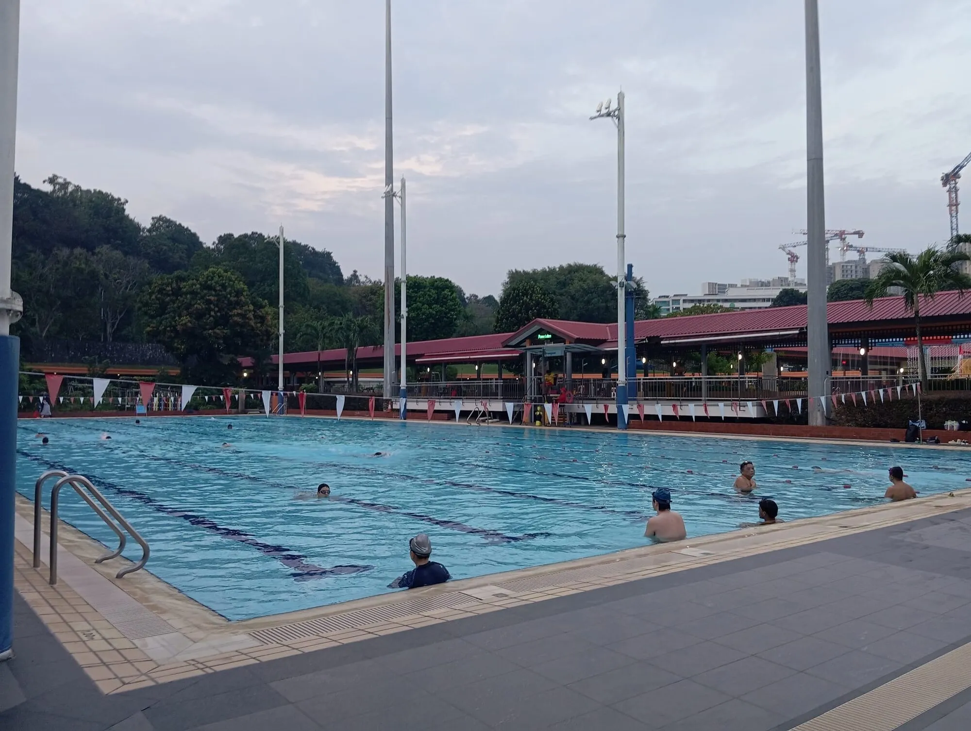 The competition pool with lane ropes and backstroke flags, swimmers doing laps in the evening